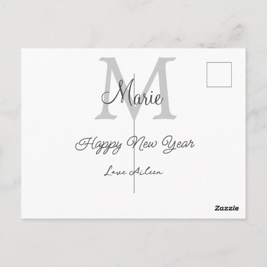 simple minimal happy new year monogram gray name  briefkaart (Achterkant)