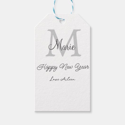 simple minimal happy new year monogram gray name  cadeaulabel (Voorkant)