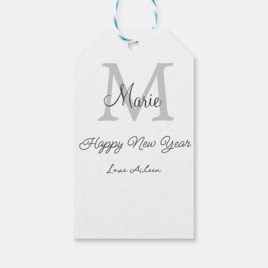 simple minimal happy new year monogram gray name  cadeaulabel (Achterkant)