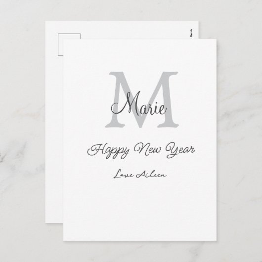 simple minimal happy new year monogram gray name  feestdagenkaart (Voorkant / Achterkant)