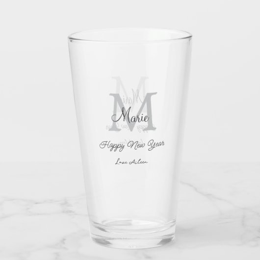 simple minimal happy new year monogram gray name  glas (Achterkant)