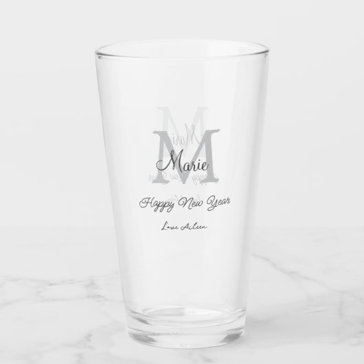 simple minimal happy new year monogram gray name  glas (Voorkant)