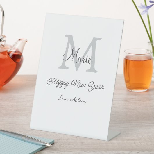 simple minimal happy new year monogram gray name  reclamebord met voetstuk (Insitu)