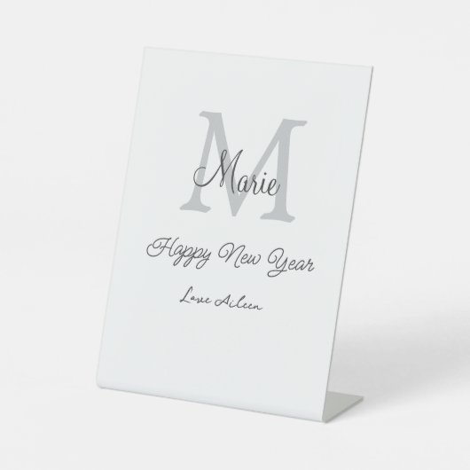 simple minimal happy new year monogram gray name  reclamebord met voetstuk (Voorkant)