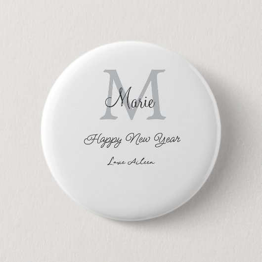 simple minimal happy new year monogram gray name  ronde button 5,7 cm (Voorkant)