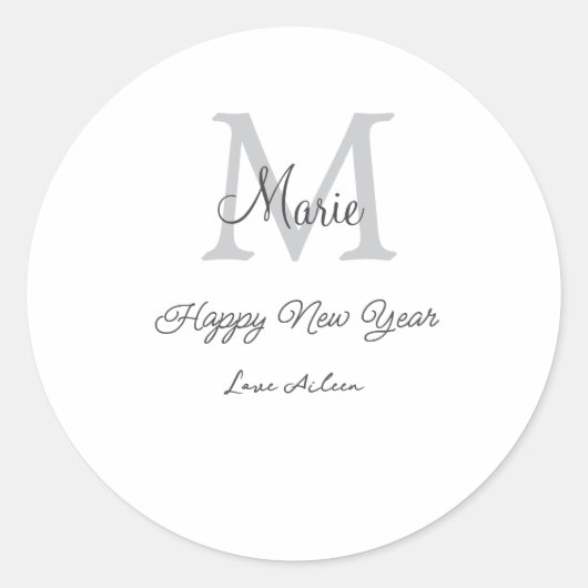 simple minimal happy new year monogram gray name  ronde sticker (Voorkant)