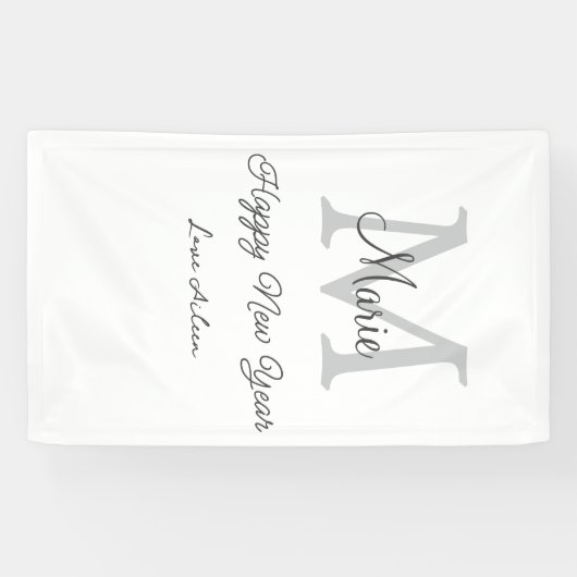 simple minimal happy new year monogram gray name  spandoek (Horizontaal)