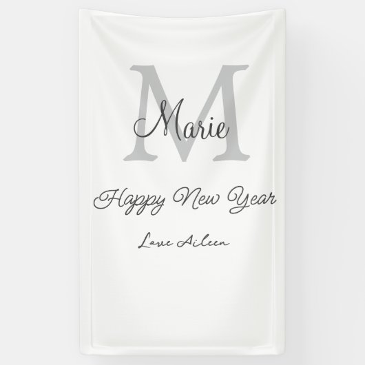 simple minimal happy new year monogram gray name  spandoek (Verticaal)
