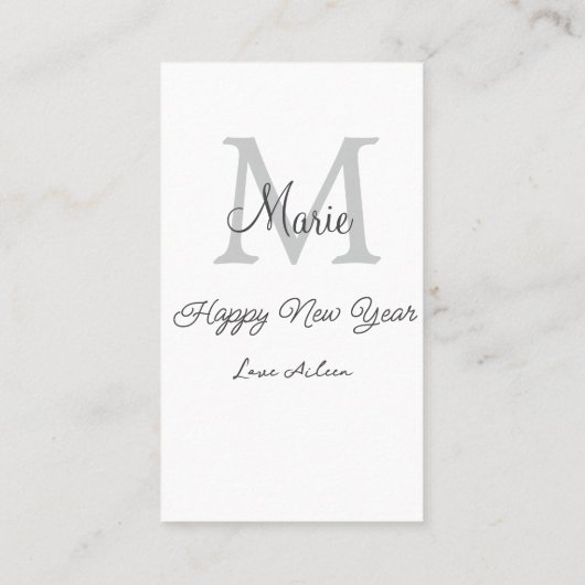 simple minimal happy new year monogram gray name  visitekaartje (Achterkant)