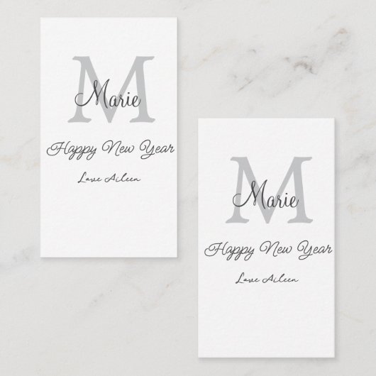 simple minimal happy new year monogram gray name  visitekaartje (Voorkant / Achterkant)