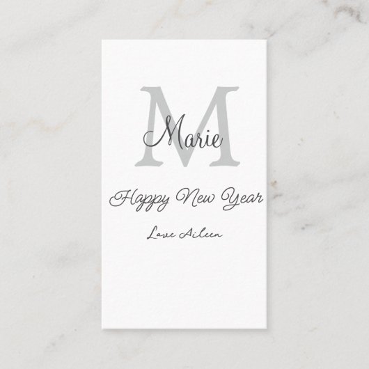 simple minimal happy new year monogram gray name  visitekaartje (Voorkant)