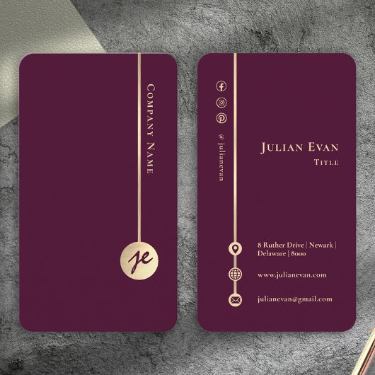 Simple Minimal Monogram Elegant Burgundy Wine Gold Visitekaartje