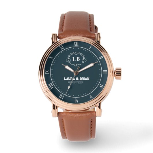Simple Minimal navy blue Monogram couple names Horloge (Voorkant)