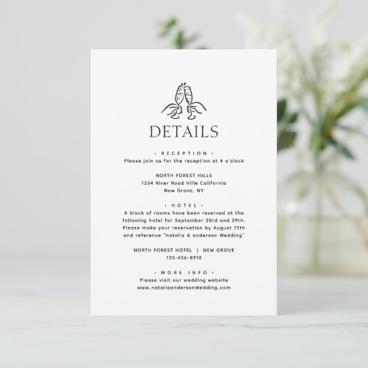 Simple Minimal Wine Cheers Wedding Details Informatiekaartje (Staand voorkant)