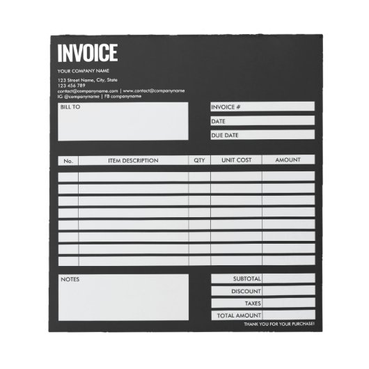 Simple Minimalist Black Invoice Form Business Logo Notitieblok (Voorkant)