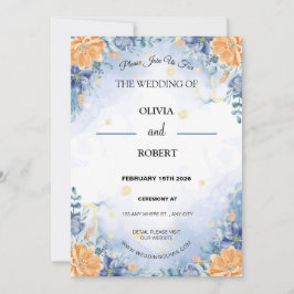 Simple Minimalist Blue Yellow Floral Wedding Kaart