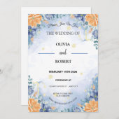 Simple Minimalist Blue Yellow Floral Wedding Kaart (Voorkant / Achterkant)