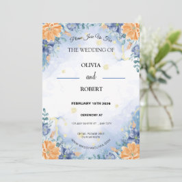 Simple Minimalist Blue Yellow Floral Wedding Kaart