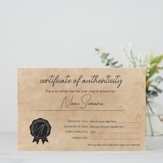 Simple Minimalist Certificate of Authenticity (Staand voorkant)