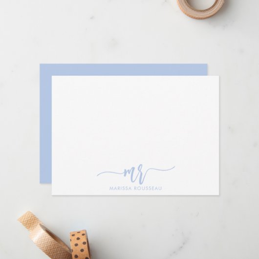 Simple Minimalist Pastel Blue Name Script-Initiaal Notitiekaartje (Voorkant / Achterkant in situ)