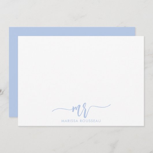 Simple Minimalist Pastel Blue Name Script-Initiaal Notitiekaartje (Voorkant / Achterkant)