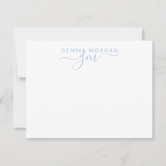 Simple Minimalist Pastel Blue Name Script-Initiaal Notitiekaartje (Voorkant)