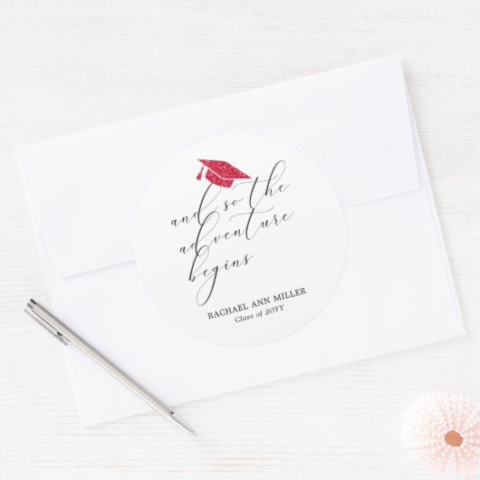 Simple Minimalist Script Adventure Begins Red Hat  Ronde Sticker (Envelop)
