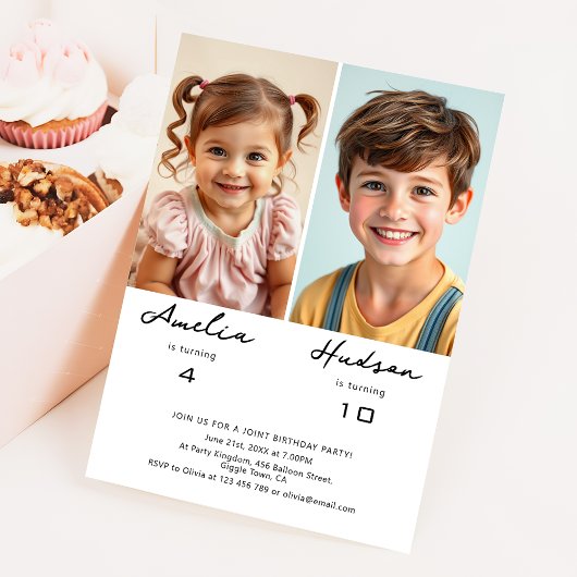 Simple Minimalist Siblings Birthday Party Photo Kaart
