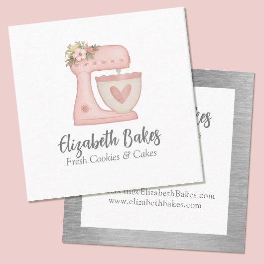 Simple Mixer Floral Cake Bakery Business Card Vierkante Visitekaartje