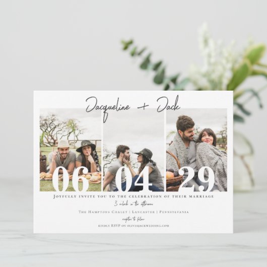 Simple Modern 3 foto bruiloft website uitnodiging (Staand voorkant)