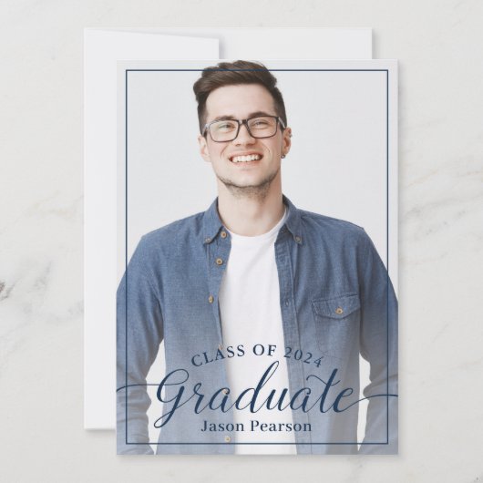 Simple Modern 3 Photo Navy Blue Script-Afstuderen Kaart (Voorkant)