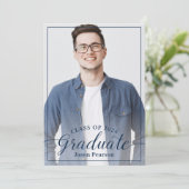Simple Modern 3 Photo Navy Blue Script-Afstuderen Kaart (Staand voorkant)