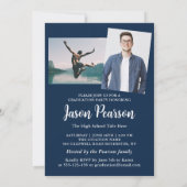 Simple Modern 3 Photo Navy Blue Script-Afstuderen Kaart (Achterkant)