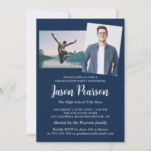 Simple Modern 3 Photo Navy Blue Script-Afstuderen Kaart (Achterkant)