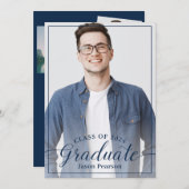 Simple Modern 3 Photo Navy Blue Script-Afstuderen Kaart (Voorkant / Achterkant)