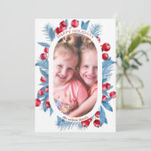 Simple Modern Arch Blue Holly Berries Foto Feestdagenkaart (Staand voorkant)