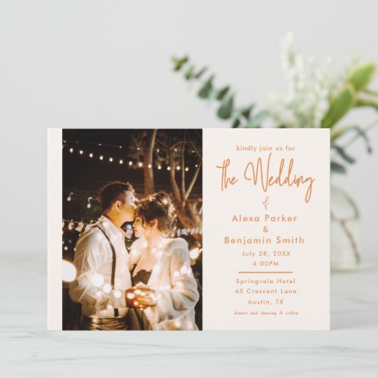 Simple Modern Beige Photo Wedding Kaart (Staand voorkant)
