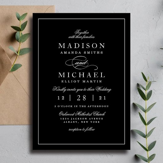 Simple Modern Black and White Wedding Invitation Feestdagenkaart