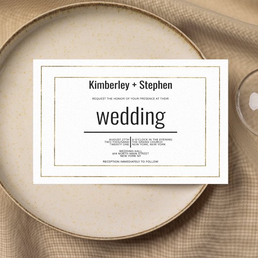 Simple modern black white gold typography wedding kaart