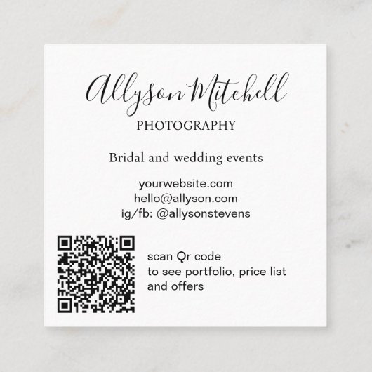 Simple Modern Black White Photo QR Photography Vierkante Visitekaartje (Achterkant)