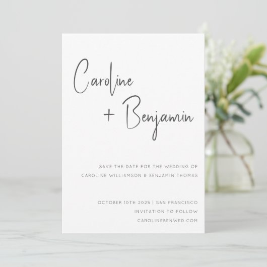 Simple Modern Black White Script Photo Weddenschap Save The Date (Staand voorkant)