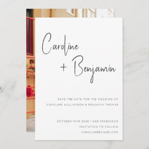 Simple Modern Black White Script Photo Weddenschap Save The Date