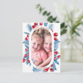 Simple Modern Blue Holly Berries Foto Feestdagenkaart (Staand voorkant)