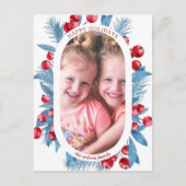 Simple Modern Blue Holly Berries Foto Feestdagenkaart (Voorkant)