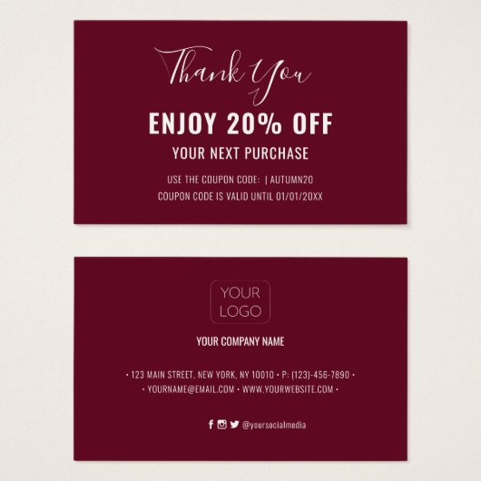 Simple Modern Burgundy Discount Coupon Kaart (Voorkant /achterkant)