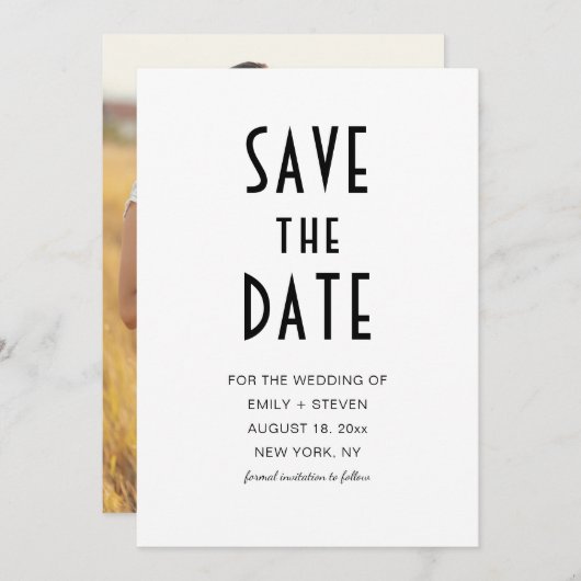 Simple Modern Chic Black Typography Foto Save The Date (Voorkant / Achterkant)