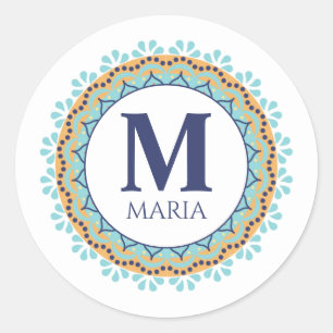 Simple Modern Chic Blue Monogram Naam Ronde Sticker