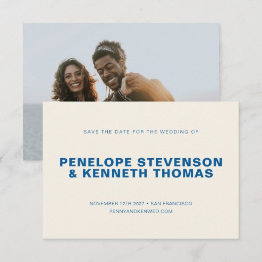 Simple Modern Cobalt Blue Photo Wedding Save The Date (Voorkant / Achterkant)