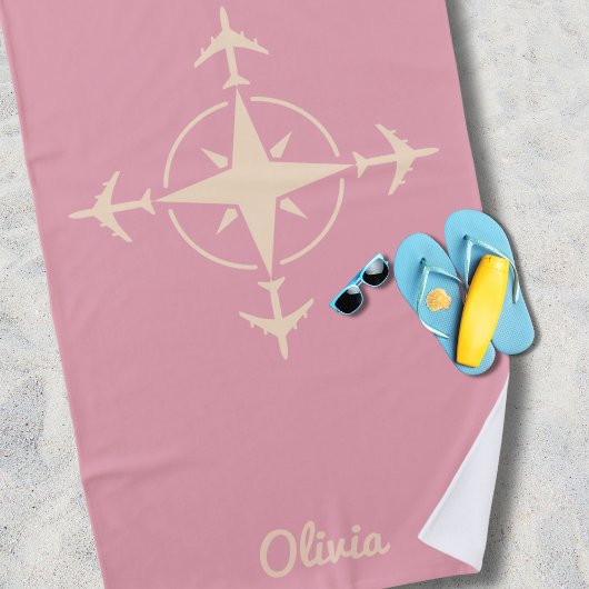 Simple Modern Compass and Airplane Travel Custom Strandlaken