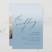Simple Modern Dusty Blue Navy Photo Wedding Kaart (Voorkant / Achterkant)